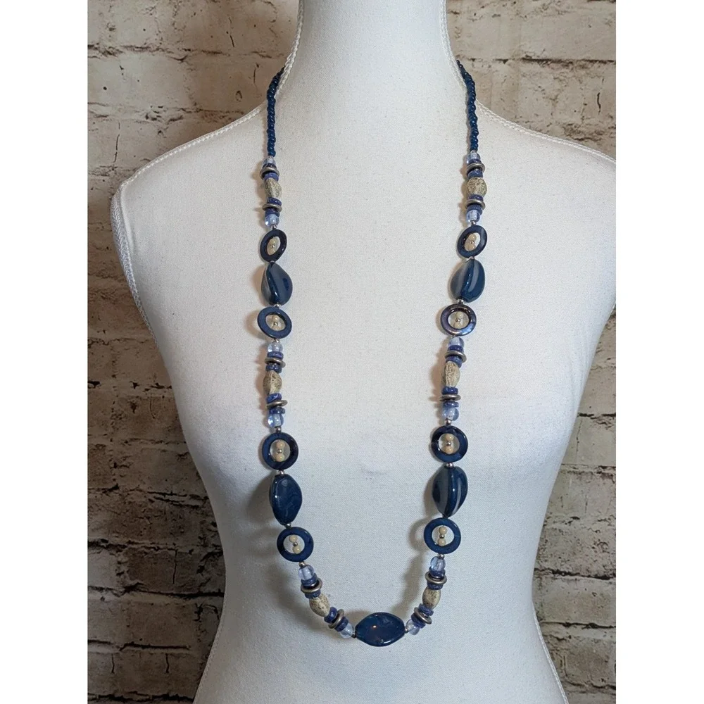 Long Artsy Beaded Necklace In Midnight Blue & Earthy Cream Colors Abstract 32